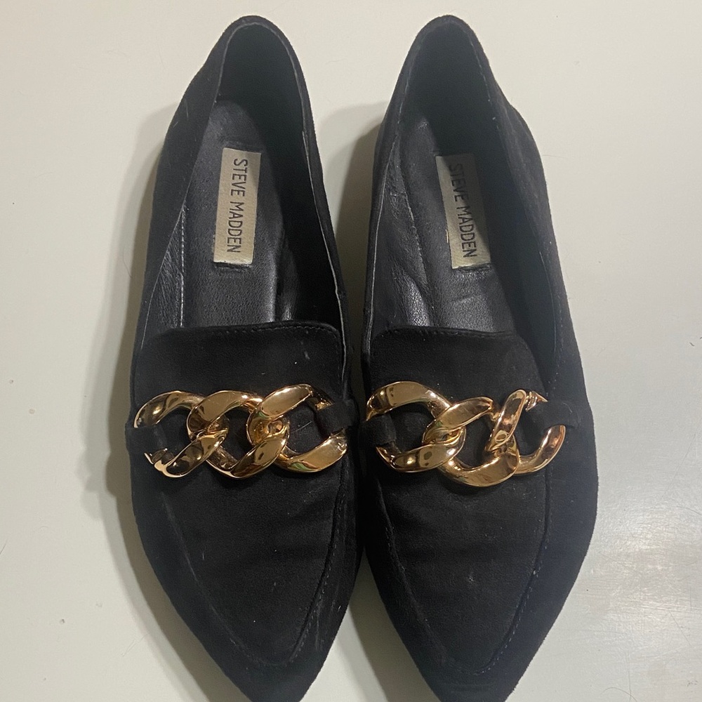 Steve Madden Black Suede Loafers with Gold Chain